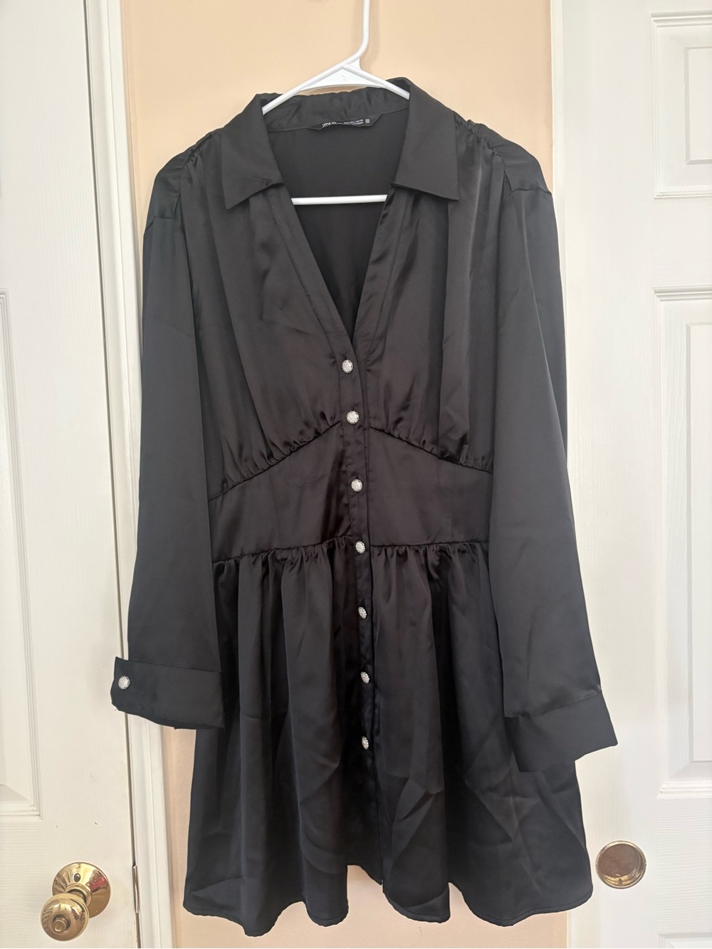 ZARA Black Satin Button Front Shirt Dress Long Sleeve Size L